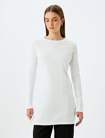 Uzun Kollu Tişört Nakış Detaylı Bisiklet Yaka Pamuklu