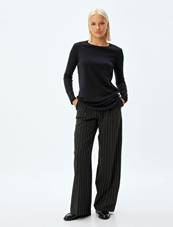 Uzun Kollu Tişört Nakış Detaylı Bisiklet Yaka Pamuklu