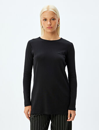 Uzun Kollu Tişört Nakış Detaylı Bisiklet Yaka Pamuklu