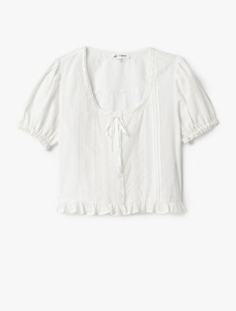 Balon Kol U Yaka Fiyonk Detaylı Fırfırlı Bluz