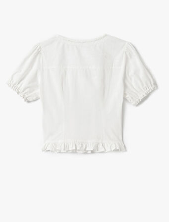 Balon Kol U Yaka Fiyonk Detaylı Fırfırlı Bluz