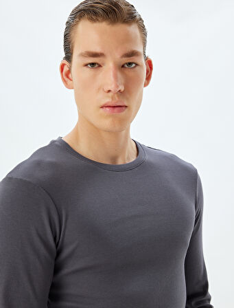 Slim Fit Tişört Bisiklet Yaka Uzun Kollu Kaşkorse Pamuklu