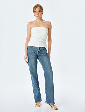 Krep Scuba Kumaş Drape Detaylı Asimetrik Straplez Üst