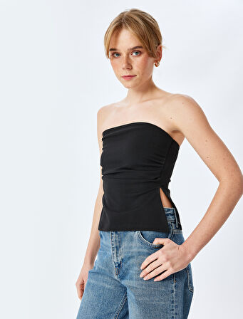 Krep Scuba Kumaş Drape Detaylı Asimetrik Straplez Üst