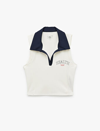 Slim Fit Polo Yaka Baskılı Kolsuz Crop Spor Atlet