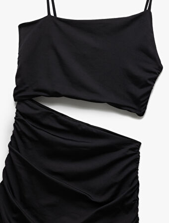 İnce Askılı Yan Pencere Detaylı Midi Bodycon Elbise