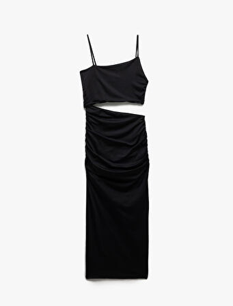 İnce Askılı Yan Pencere Detaylı Midi Bodycon Elbise