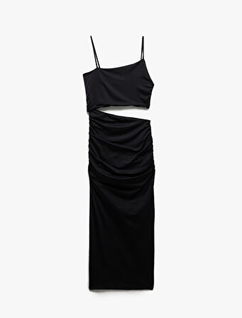 İnce Askılı Yan Pencere Detaylı Midi Bodycon Elbise