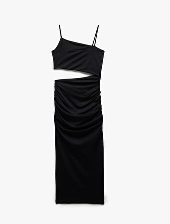 İnce Askılı Yan Pencere Detaylı Midi Bodycon Elbise