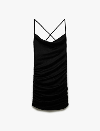 Drapeli Sırt Detaylı Simli İp Askılı Bodycon Mini Abiye Elbise