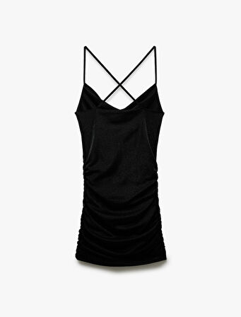 Drapeli Sırt Detaylı Simli İp Askılı Bodycon Mini Abiye Elbise