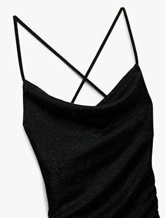 Drapeli Sırt Detaylı Simli İp Askılı Bodycon Mini Abiye Elbise