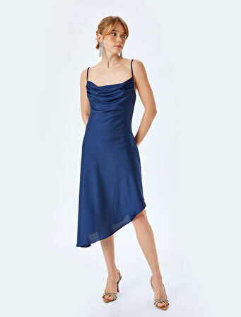 İp Askılı Degaje Yaka Asimetrik Midi Slip Saten Elbise