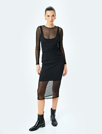 Astarlı Uzun Kollu Yuvarlak Yaka Midi Boy Transparan Tül Kalem Elbise