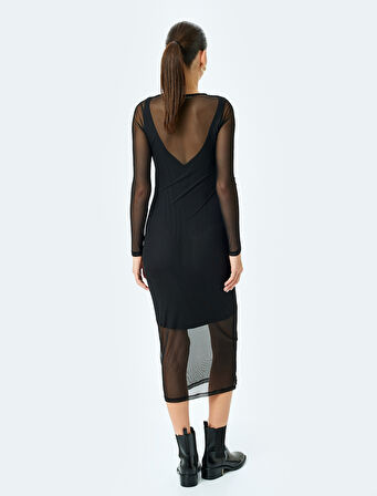 Astarlı Uzun Kollu Yuvarlak Yaka Midi Boy Transparan Tül Kalem Elbise