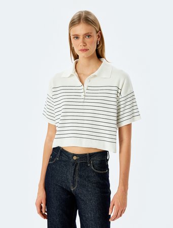 Düğmeli Çizgili Oversize Polo Yaka İnce Triko Kazak
