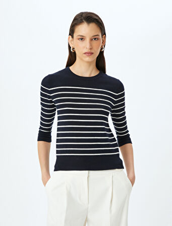 Yuvarlak Yaka 3/4 Uzun Kollu Çizgili Triko Kazak