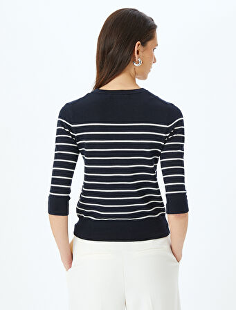 Yuvarlak Yaka 3/4 Uzun Kollu Çizgili Triko Kazak