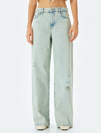 Yıpratma Detaylı Düşük Bel Bol Kalıp Kot Pantolon  -  Loose Straigh Fit Jean