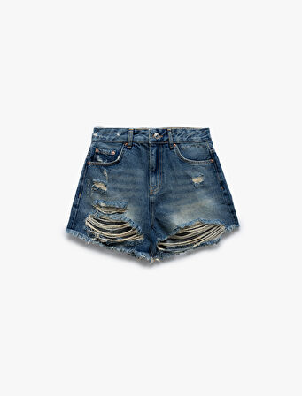 Yıpratma Detaylı Düğmeli Cepli Yüksek Bel Mini Denim Şort
