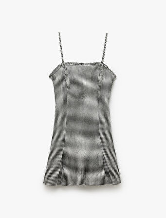 İnce Askılı Kolsuz Ekoseli Bodycon Mini Elbise