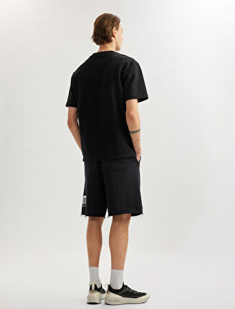 Slogan Baskılı Cepli Bermuda Beli Bağcıklı Pamuk Karışımlı Oversize Spor Şort
