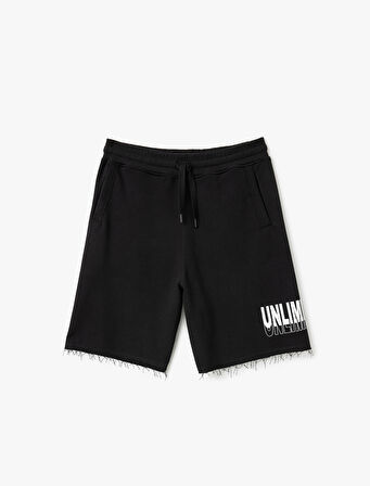 Slogan Baskılı Cepli Bermuda Beli Bağcıklı Pamuk Karışımlı Oversize Spor Şort