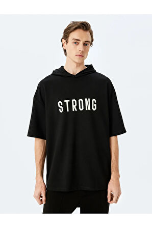 Kapşonlu İşlemeli Şardonlu Kısa Kollu Oversize Spor Sweatshirt