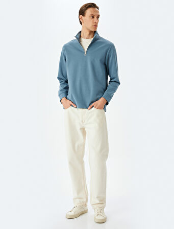 Uzun Kollu Pamuklu İnterlok Kumaş Basic Yarım Fermuarlı Sweatshirt