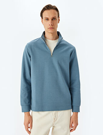 Uzun Kollu Pamuklu İnterlok Kumaş Basic Yarım Fermuarlı Sweatshirt