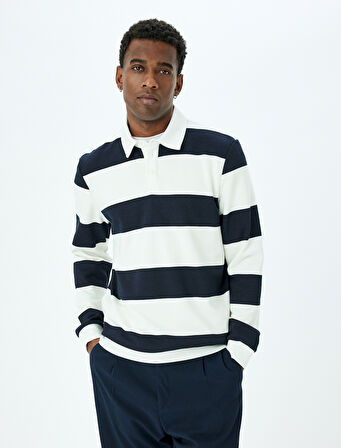 Çizgili Uzun Kollu Pamuk Karışımlı Polo Yaka Sweatshirt