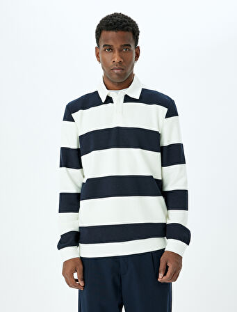 Çizgili Uzun Kollu Pamuk Karışımlı Polo Yaka Sweatshirt