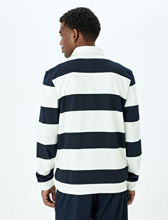 Çizgili Uzun Kollu Pamuk Karışımlı Polo Yaka Sweatshirt