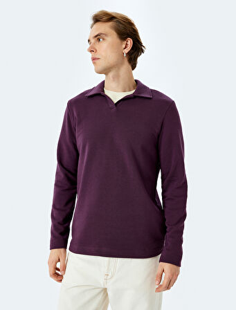 Uzun Kollu Pamuk Karışımlı Basic Polo Yaka Sweatshirt