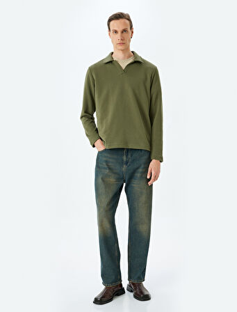 Uzun Kollu Pamuk Karışımlı Basic Polo Yaka Sweatshirt