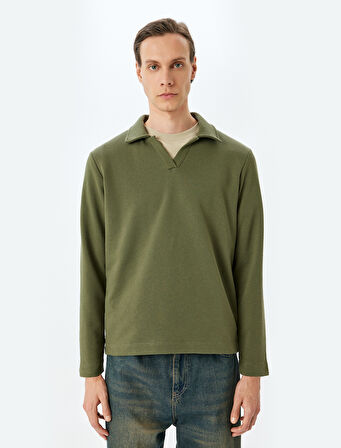 Uzun Kollu Pamuk Karışımlı Basic Polo Yaka Sweatshirt