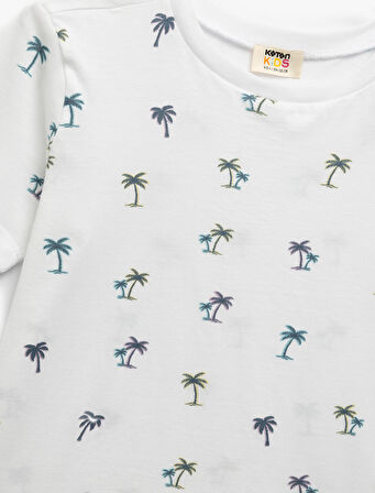 Bisiklet Yaka Kısa Kollu Pamuklu Palmiye Baskılı Tişört