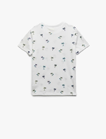 Bisiklet Yaka Kısa Kollu Pamuklu Palmiye Baskılı Tişört