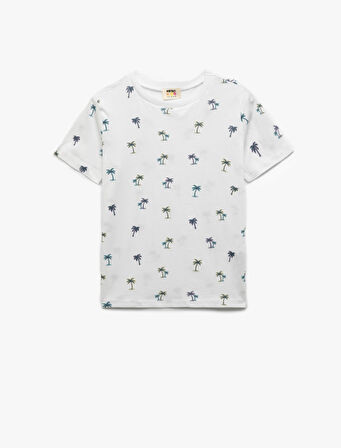 Bisiklet Yaka Kısa Kollu Pamuklu Palmiye Baskılı Tişört