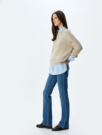 Düşük Bel İspanyol Paça Slim Fit Düğmeli Cepli Kot Pantolon - Flare Jean