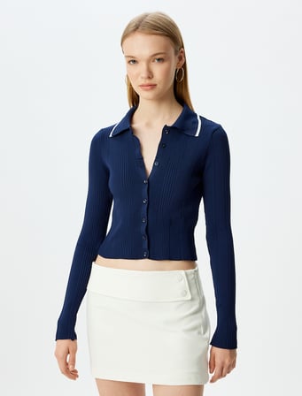 Polo Yaka Biyeli Düğmeli Dokulu Slim Fit Hırka