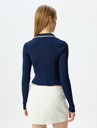 Polo Yaka Biyeli Düğmeli Dokulu Slim Fit Hırka