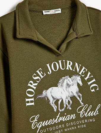 Polo Yaka Sweatshirt At Baskılı Uzun Kollu Şardonlu