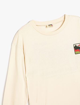 Oversize Tişört Baskı Detaylı Uzun Kollu Bisiklet Yaka Pamuklu