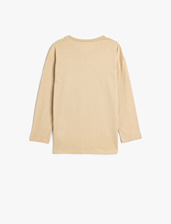 Oversize Tişört Uzun Kollu Bisiklet Yaka Baskı Detaylı Pamuklu