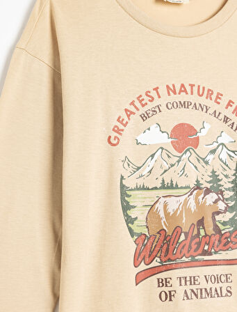 Oversize Tişört Uzun Kollu Bisiklet Yaka Baskı Detaylı Pamuklu