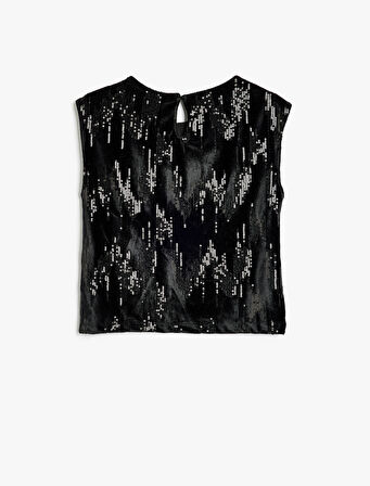 Pullu Payetli Parlak Bluz Kolsuz Bisiklet Yaka