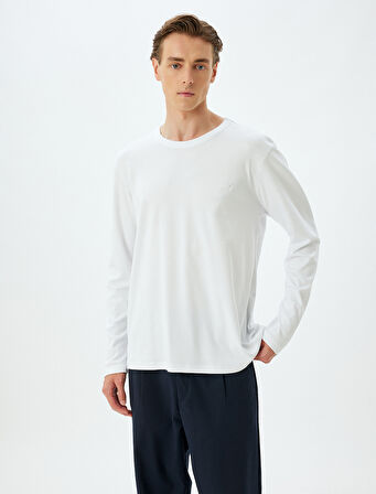 Uzun Kollu Tişört Harf İşlemeli Bisiklet Yaka Pamuklu