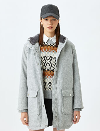 Suni Kürk Yaka Kapüşonlu Fermuarlı Cepli Astarlı Kaban