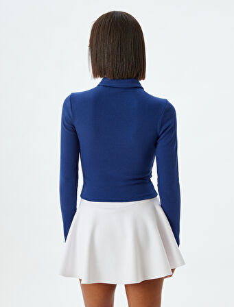 Polo Yaka Tişört Kaşkorse Uzun Kollu Düğmeli Kolej İşlemeli Slim Fit